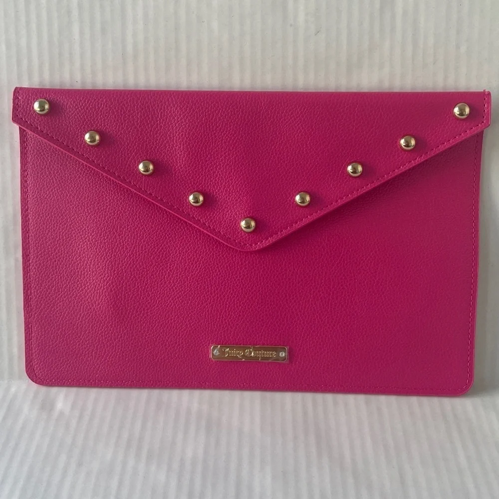 Juicy Couture Envelope Clutch Bag Bright Barbie Pink Gold Studs NWOT